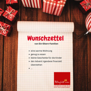 Wunschzettel mit vier Wünschen auf einem weihnachtlich dekoriertem Tisch liegend